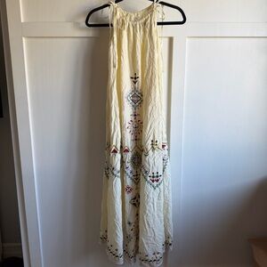 Anthropologie Boho Cream Maxi Dress with Colorful Embroidery High Neck Sz S
